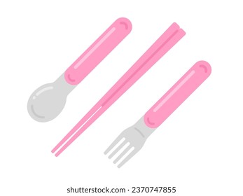 Illustration of a pink cutlery set for kids.