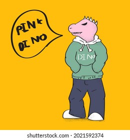 Illustration of a pink dinosaur. Shadow with black dots. Yellow background.