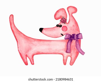 Illustration of a pink dog painted in watercolor. The hero of a cartoon or a fairy tale.