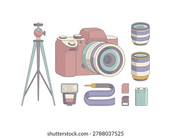 Illustration of a pink DSLR camera setup including tripod, lenses, flash, strap, and memory cards for photography.