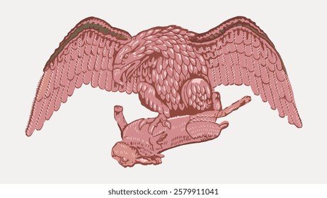 Illustration of a pink eagle with detailed feathers. The eagle is perched on a rabbit. The eagle's wings are spread wide, showcasing intricate feather patterns. Vintage bird illustration vector.