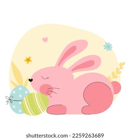 Illustration of pink Easter Bunny and eggs