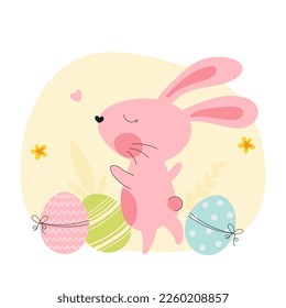 Illustration of pink Easter Bunny and eggs