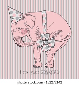 Illustration of Pink Elephant, Birthday Greeting Card