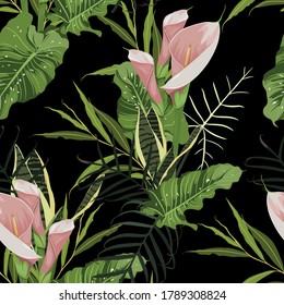 Illustration with pink exotic flowers. Beautiful seamless background with tropical plants on black. Composition with calla lily and exotic palm leaves.