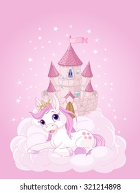 Illustration of the pink fairy castle and unicorn