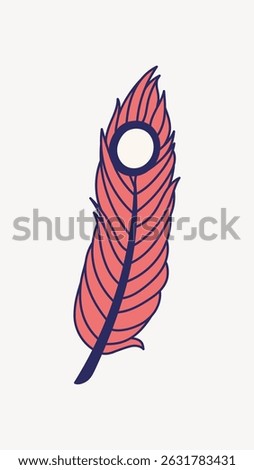 Illustration of a pink feather with a blue outline on a white background. The feather design is simple and artistic, emphasizing the feather's elegant shape. Hand drawn illustration vector.