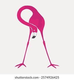 Illustration of a pink flamingo with a curved neck. The flamingo stands on long legs. Pink flamingo art with a simple, elegant design. Flamingo illustration. Isolated vintage vector element.