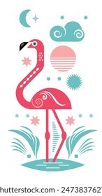 illustration of a pink flamingo in geometric flat  srtyle