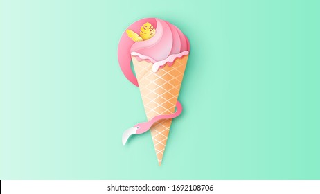 Illustration of pink flamingo ice cream melting and sprinkle the toppings with marshmallow tropical leaves shape. Ice cream design for Summer. paper cut and craft style. vector, illustration.