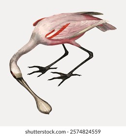 Illustration of a pink flamingo with a long neck and curved beak. The flamingo stands gracefully, showcasing its pink feathers and unique beak shape. Vintage animal illustration isolated, vector.