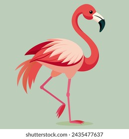 illustration of a pink flamingo standing on one leg in vector style on a green background