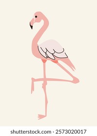 Illustration of a pink flamingo standing on one leg with a minimalistic and elegant design, set against a light beige background. Concept of nature and elegance. Vector illustration