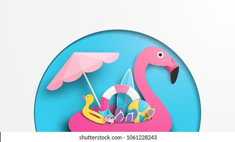 Illustration of pink flamingo swim ring and beach equipment in summer. Paper cut and craft style. Vector, illustration.