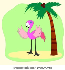 Illustration of a pink Flamingo. Flamingo under a palm tree.