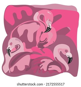 Illustration of pink flamingos on the background of feathers abstraction, vector