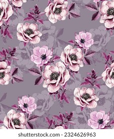 Illustration pink flower arrangements with shadow on a beige color background. Seamless pattren design.