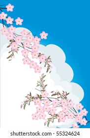 illustration with pink flower branches on sky background