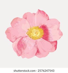 Illustration of a pink flower with detailed petals and a yellow center. The flower's pink petals and yellow center create a vibrant, natural look. Vintage floral illustration isolated on white, vector