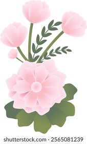 An illustration of a pink flower exuding grace and charm, featuring soft petals with gradients ranging from pastel pink to vibrant fuchsia. Each detail captures a feminine and natural elegance.