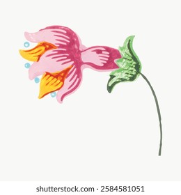 Illustration of a pink flower with green leaves. The flower has a pink petal and a yellow center. The pink flower is simple and artistic, with green leaves. Vintage art illustration, vector.