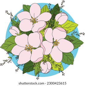 Illustration of pink flower with leaves on blue circle background.