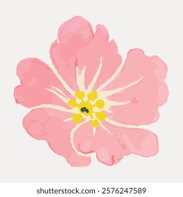 Illustration of a pink flower with yellow center. Pink petals, yellow center, floral design. Simple flower art, pink and yellow hues, botanical illustration. Vintage illustration isolated, vector.