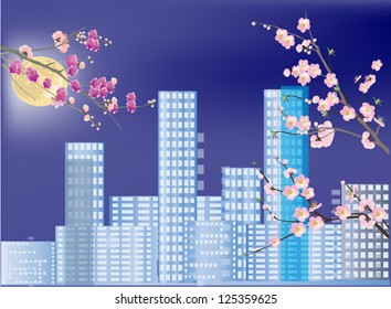 illustration with pink flowers in blue spring city