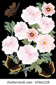 Illustration with pink flowers and dark butterflies