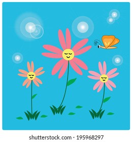 illustration pink flowers and flare light on blue background