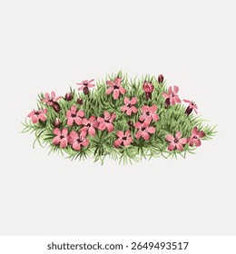 Illustration of pink flowers and green grass. Pink flowers bloom among lush green grass. Delicate pink flowers and vibrant green grass create a serene scene. Vintage flower illustration vector.