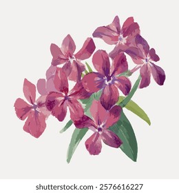 Illustration of pink flowers with green leaves. Pink flowers in bloom, vibrant pink petals, and lush green leaves. Beautiful pink flowers, artistic floral design. Vintage illustration isolated, vector