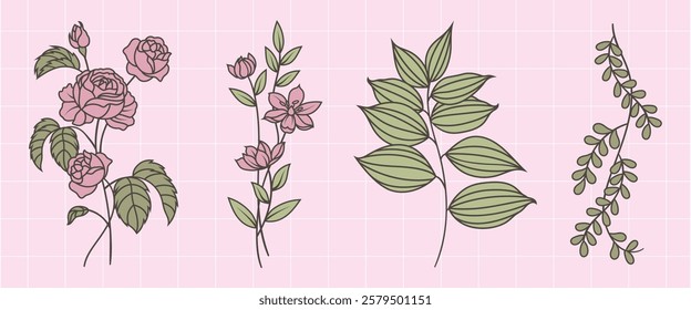 Illustration of pink flowers and green leaves. Pink flowers with green leaves on a grid background. Delicate pink flowers and lush green leaves in a row. Spring flower illustrations, isolated vectors.