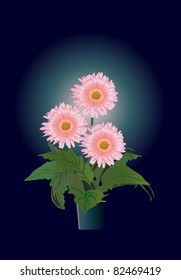 illustration with pink flowers in pot on dark blue background