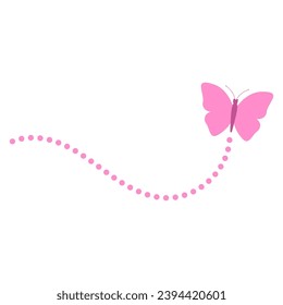 Illustration of a pink flying butterfly along a dotted line route on a white background