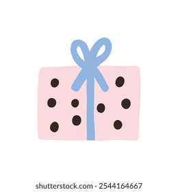 Illustration of a pink gift box with black polka dots, wrapped in a blue ribbon. Perfect for themes of celebration, simplicity, and surprise