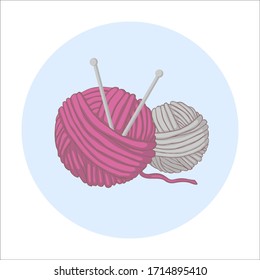 illustration of a pink and grey balls of thread with knitting needles. Knitting vector icon on blue circle background. hand made