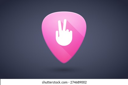 Illustration of a pink guitar pick icon with a victory hand