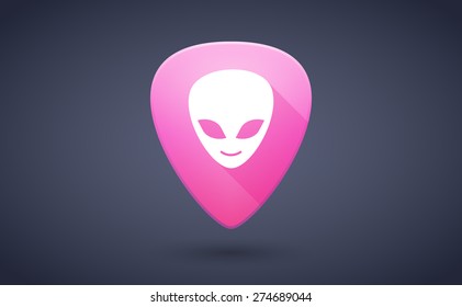 Illustration of a pink guitar pick icon with an alien face