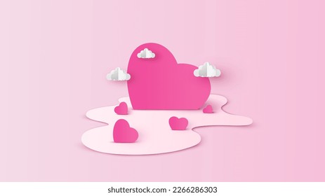 Illustration of pink heart melt on the ground with cloud. Graphic design for Valentine's day. paper cut and craft style. vector, illustration.