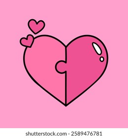 Illustration of a pink heart with puzzle piece design and two smaller hearts. Pink heart with puzzle motif on a pink background. Simple and cute heart illustration. Love element vector.