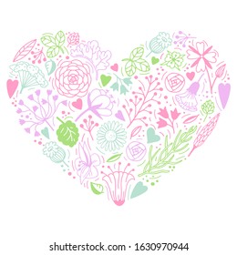 Illustration of a pink heart of spring flowers of bluebells, clover, daisies, wildflowers, herbs, leaves, twigs for greeting cards and design happy Valentine's Day and March 8 women's day