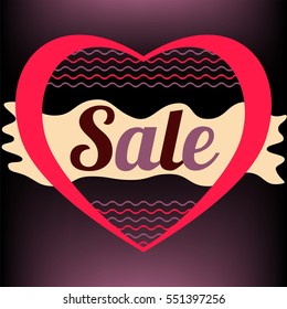 Illustration of pink hearts on a dark purple background. Text for special offers. The wavy lines.