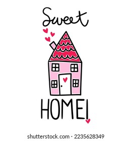  Illustration of a pink house with hearts coming out of its chimney and with handmade sweet home lettering