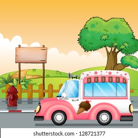 Illustration of a pink ice cream bus and an empty board