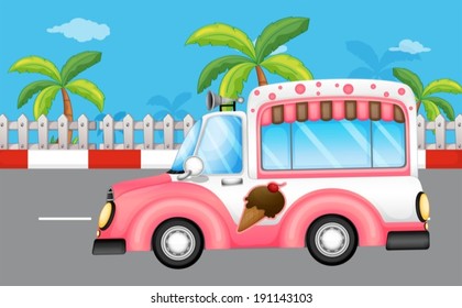 Illustration of a pink ice cream bus