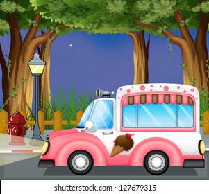 Illustration of a pink ice cream car in the street