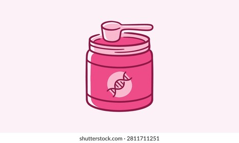 Illustration of a pink jar containing protein powder with a measuring scoop on top, featuring a DNA helix icon, representing sports nutrition or genetics.