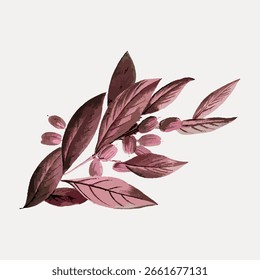 Ilustración de hojas y bayas rosadas. Las hojas rosadas crean un aspecto suave y natural. Las bayas añaden textura. Hojas y bayas rosas sobre un fondo claro. Vector botánico.