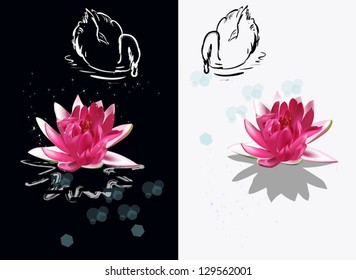 illustration with pink lily flowers and swans
